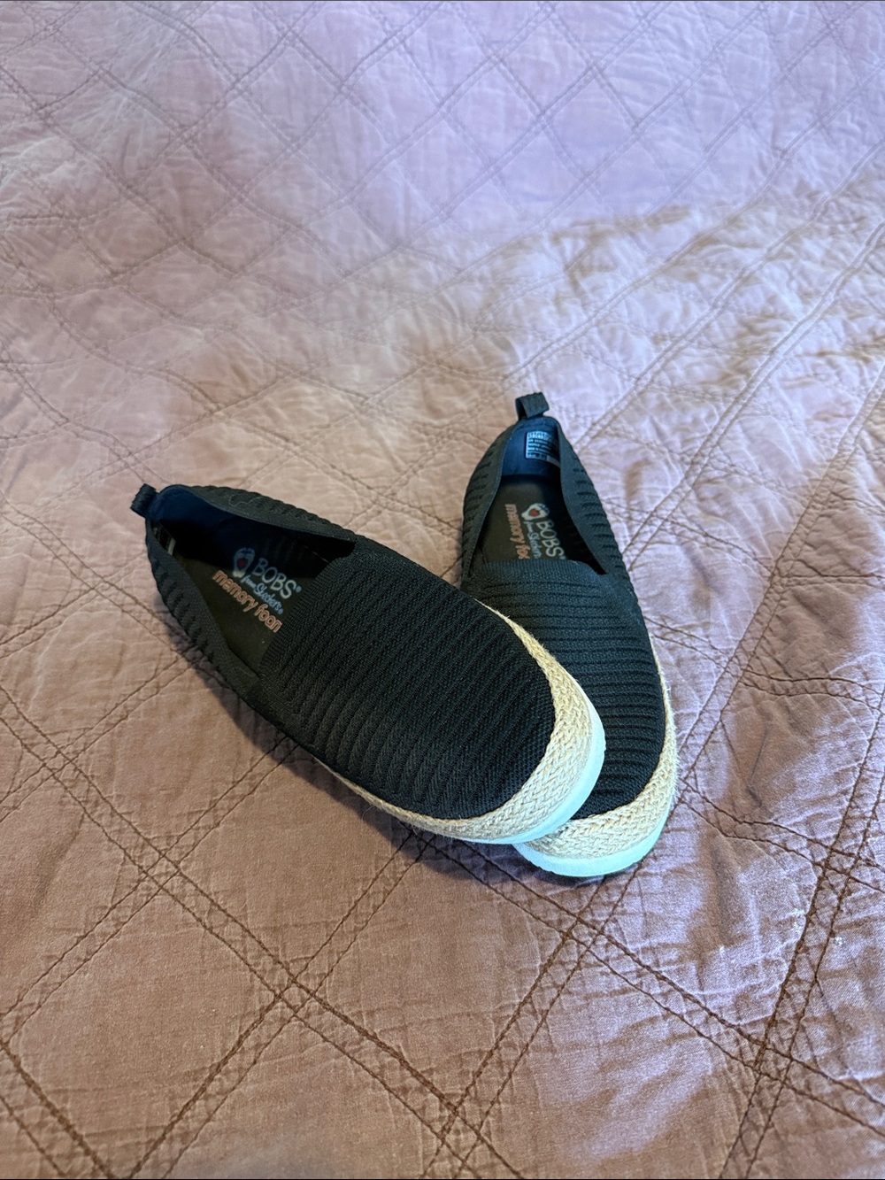 BOBS from Skechers Black Knit Slip-On Flats with Cream Trim